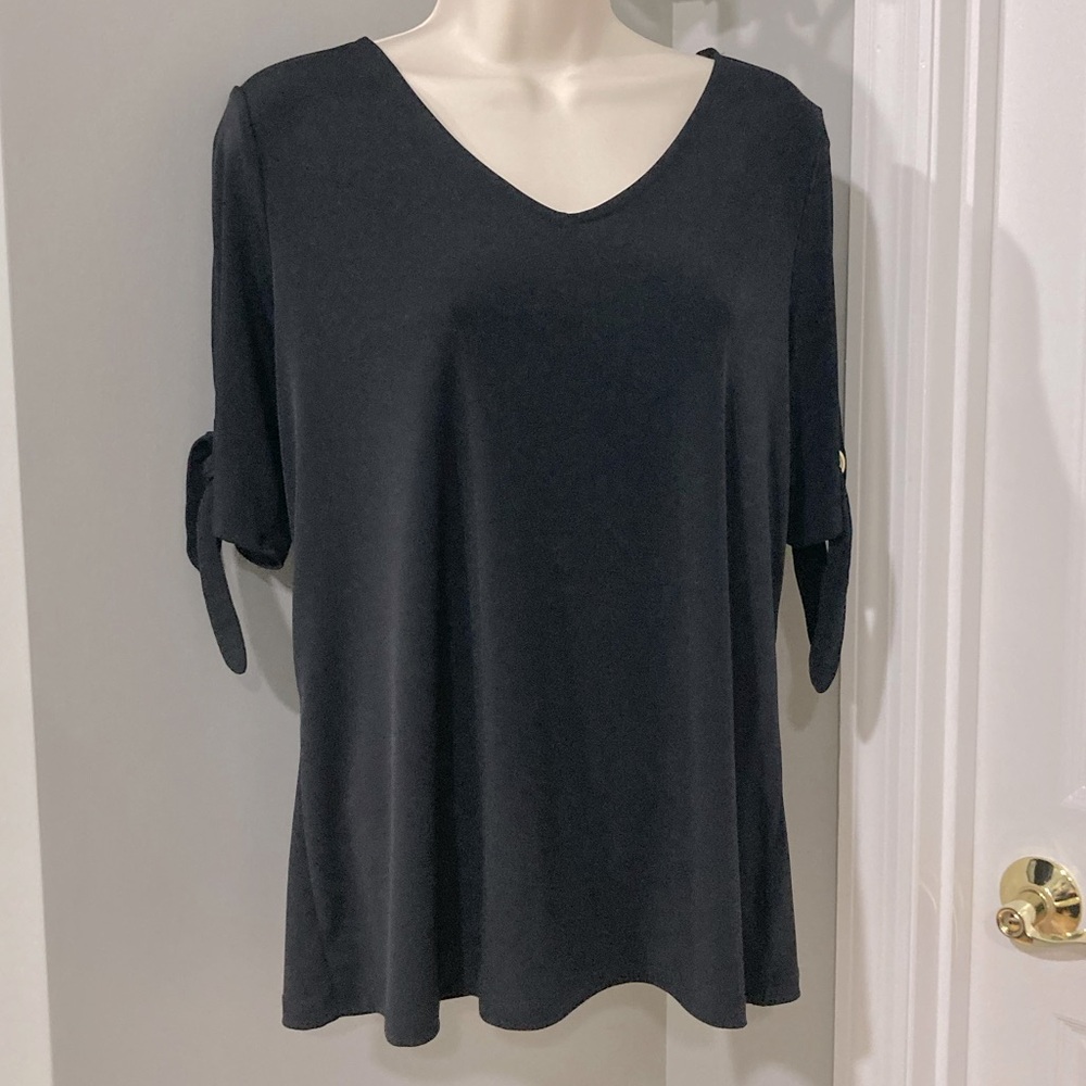 Liz Claiborne Cold Shoulder Tie Sleeve Top in Black